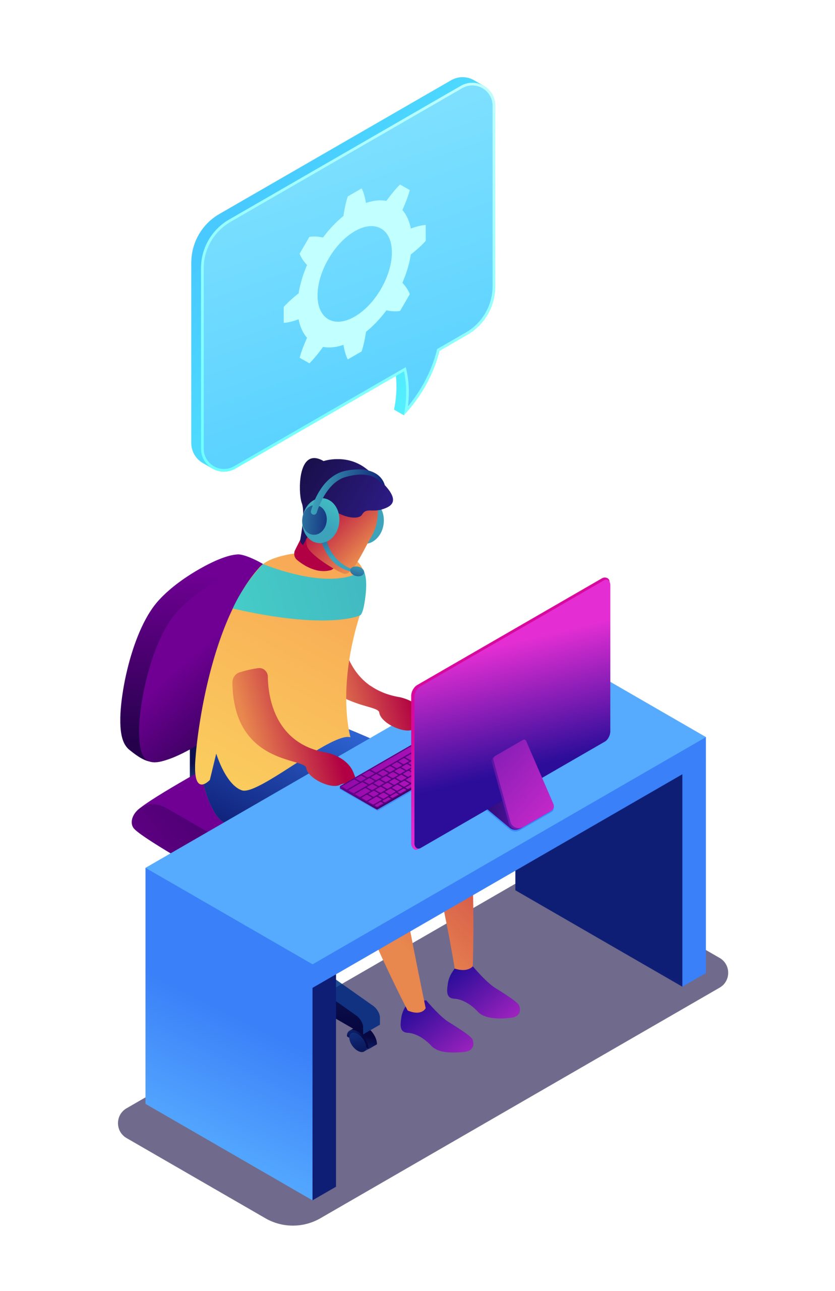 Operator of technical support working on computer isometric 3D illustration.